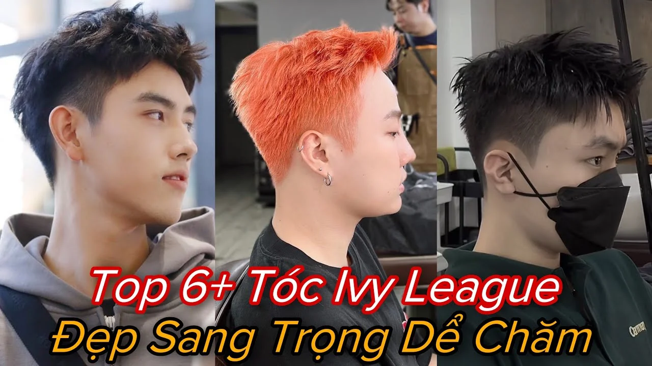 Ba chàng trai với ivy league kiểu tóc đẹp sang trọng dễ chăm, gồm tóc đen cắt ngắn gọn và tóc nhuộm cam nổi bật
