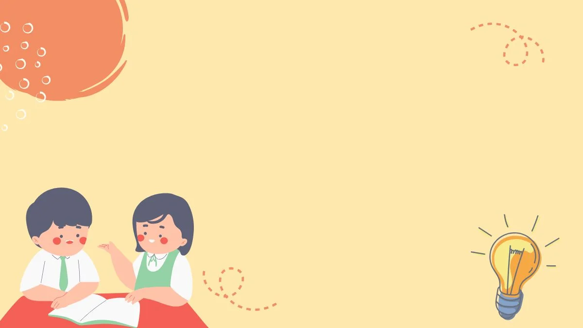 Hình nền PowerPoint minh họa hai em nhỏ đọc sách cùng bóng đèn ý tưởng