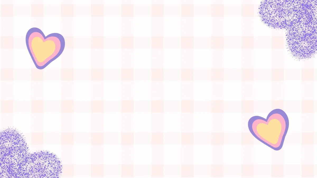 Hình nền PPT caro pastel với trái tim và họa tiết tím ở các góc