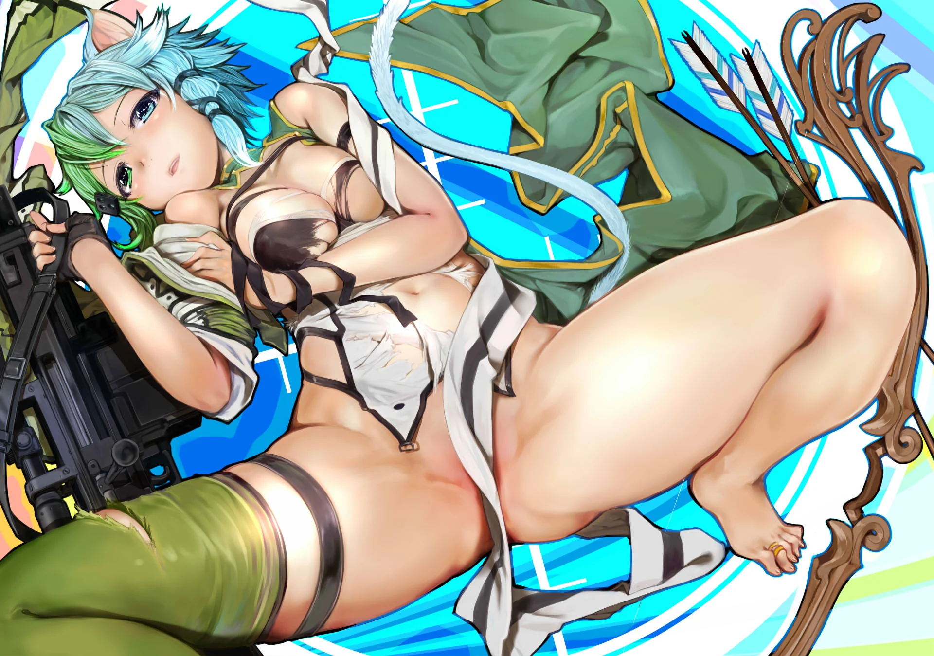 hình nền hentai anime cô gái tai mèo tóc xanh lá cầm súng trường nằm trên nền xanh lam sáng