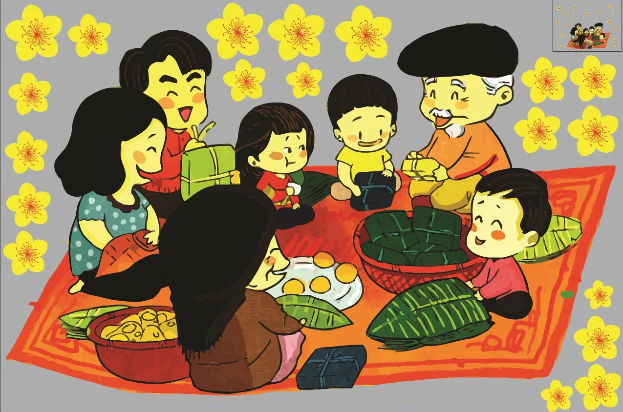 Tranh minh họa gia đình Việt Nam quây quần ăn uống và đón Tết