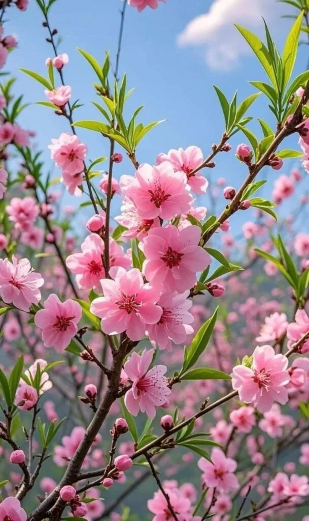 Cành hoa đào hồng tươi nở giữa nền trời xanh ngày Tết