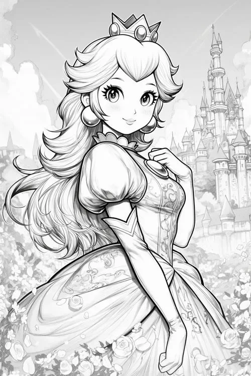 tranh công chúa Peach Mario đứng cạnh lâu đài