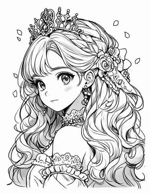 tranh công chúa anime tóc xoăn đeo vương miện