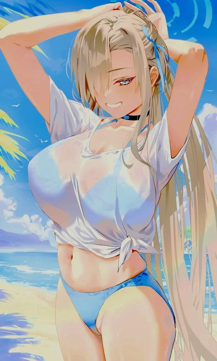 Hình ảnh hentaiz vú to phong cách anime gợi cảm trên bãi biển.