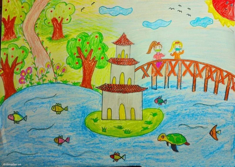 Tranh vẽ Tháp Rùa và cầu Thê Húc Hà Nội
