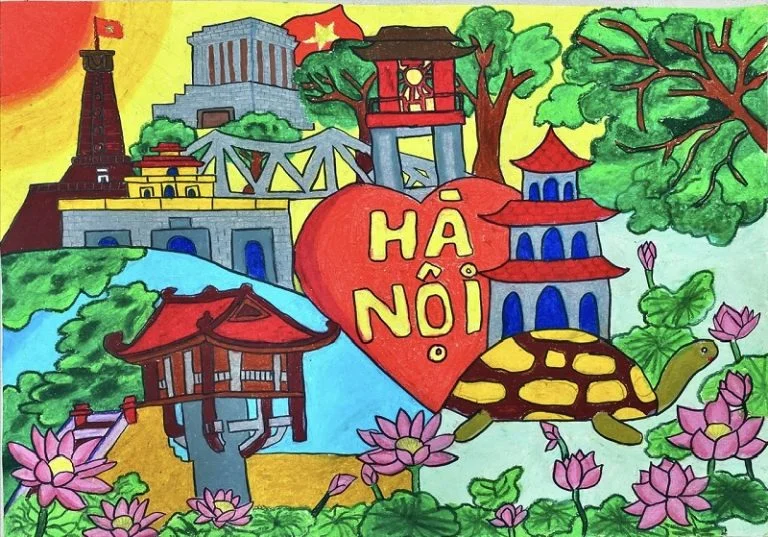 Bức tranh vẽ chủ đề em yêu Hà Nội với hình ảnh Chùa Một Cột, Rùa Hồ Gươm và hoa sen
