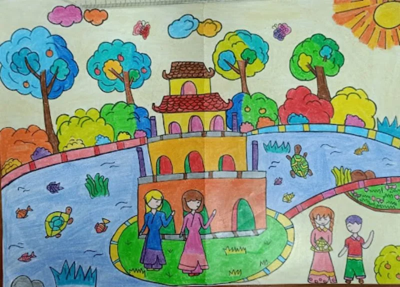Tranh vẽ “Học sinh tham quan Hồ Gươm”. (Nguồn Internet)