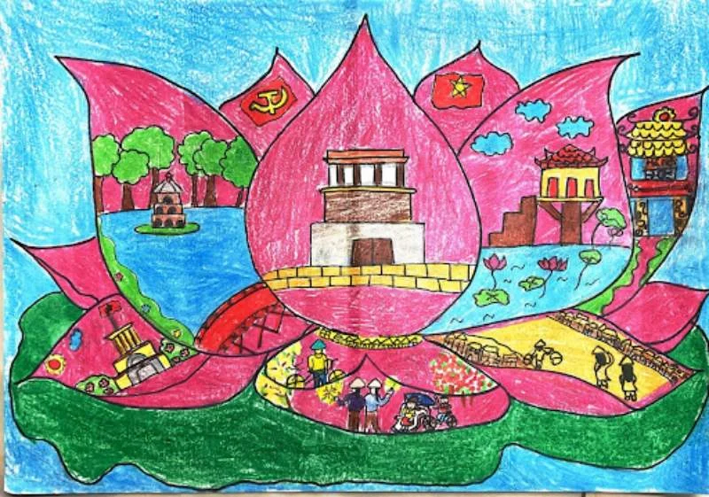 Tranh vẽ “Hoa sen về Hà Nội”. (Nguồn Internet)