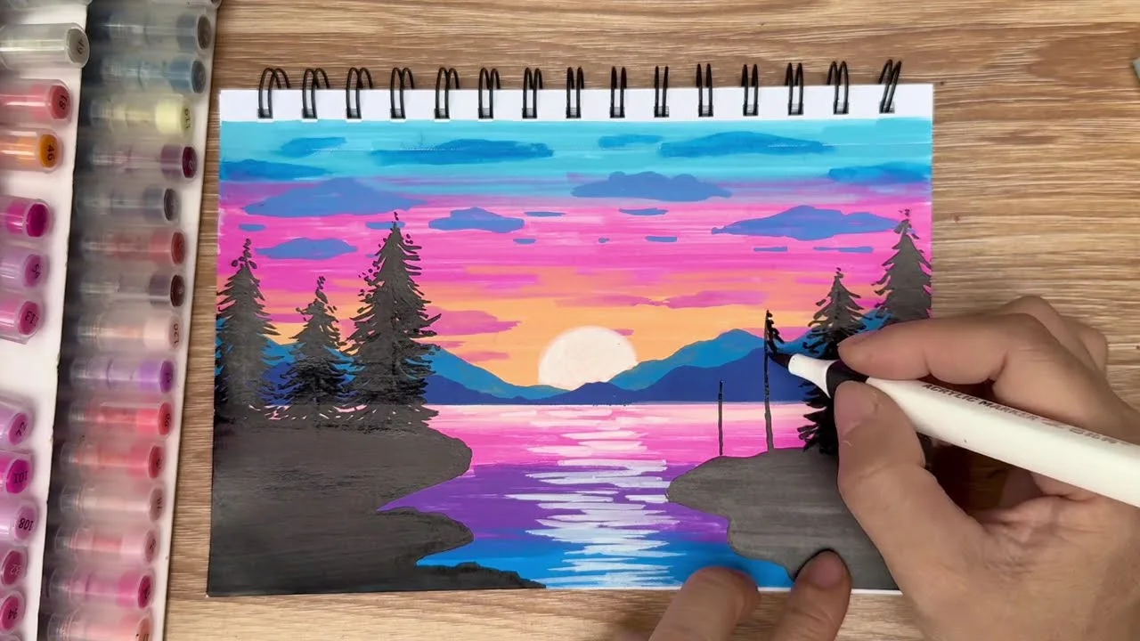 Vẽ tranh phong cảnh với màu acrylic marker #vetranh #drawing #tranhphongcanh