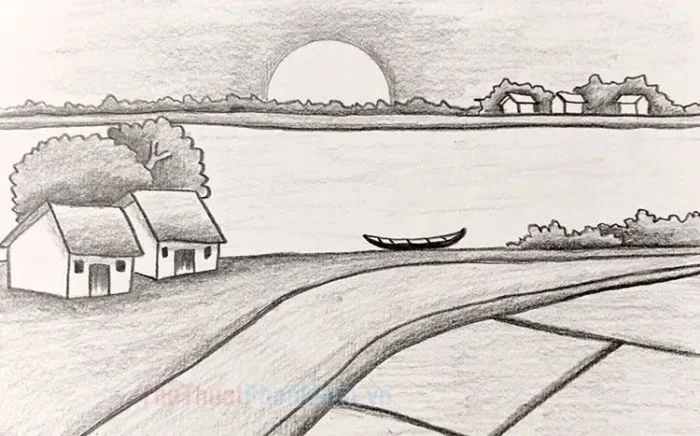 Tranh vẽ phong cảnh làng quê bằng bút chì đơn giản nhưng mang vẻ đẹp tinh tế, đậm chất quê hương.