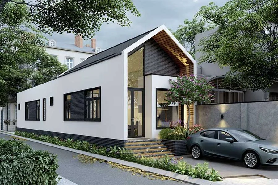 Nhà cấp 4 đẹp phong cách hiện đại với mặt tiền trắng, mái lệch và sân rộng