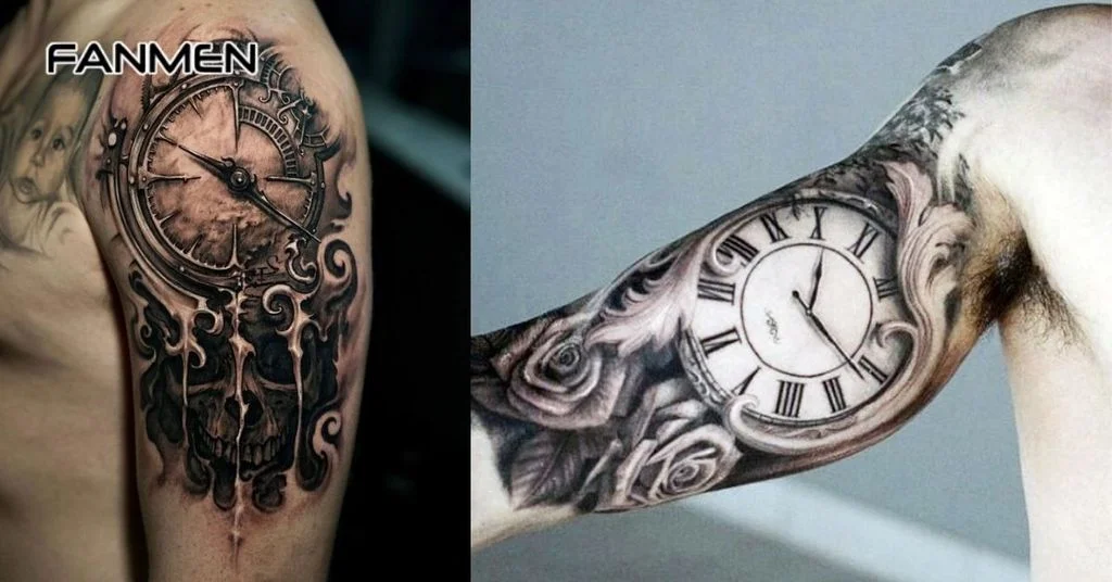 Hình xăm đồng hồ cổ điển trên cánh tay nam