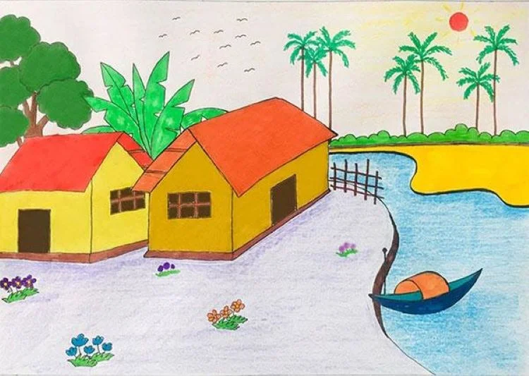 Vẽ cảnh đẹp quê hương với nhà vào đỏ, dòng sông xanh, thuyền gỗ, cây dừa và những bông hoa