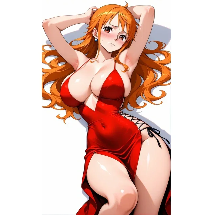 Hentai hầu gái anime tóc cam dài mặc váy đỏ bó eo, tư thế quyến rũ trên nền trắng