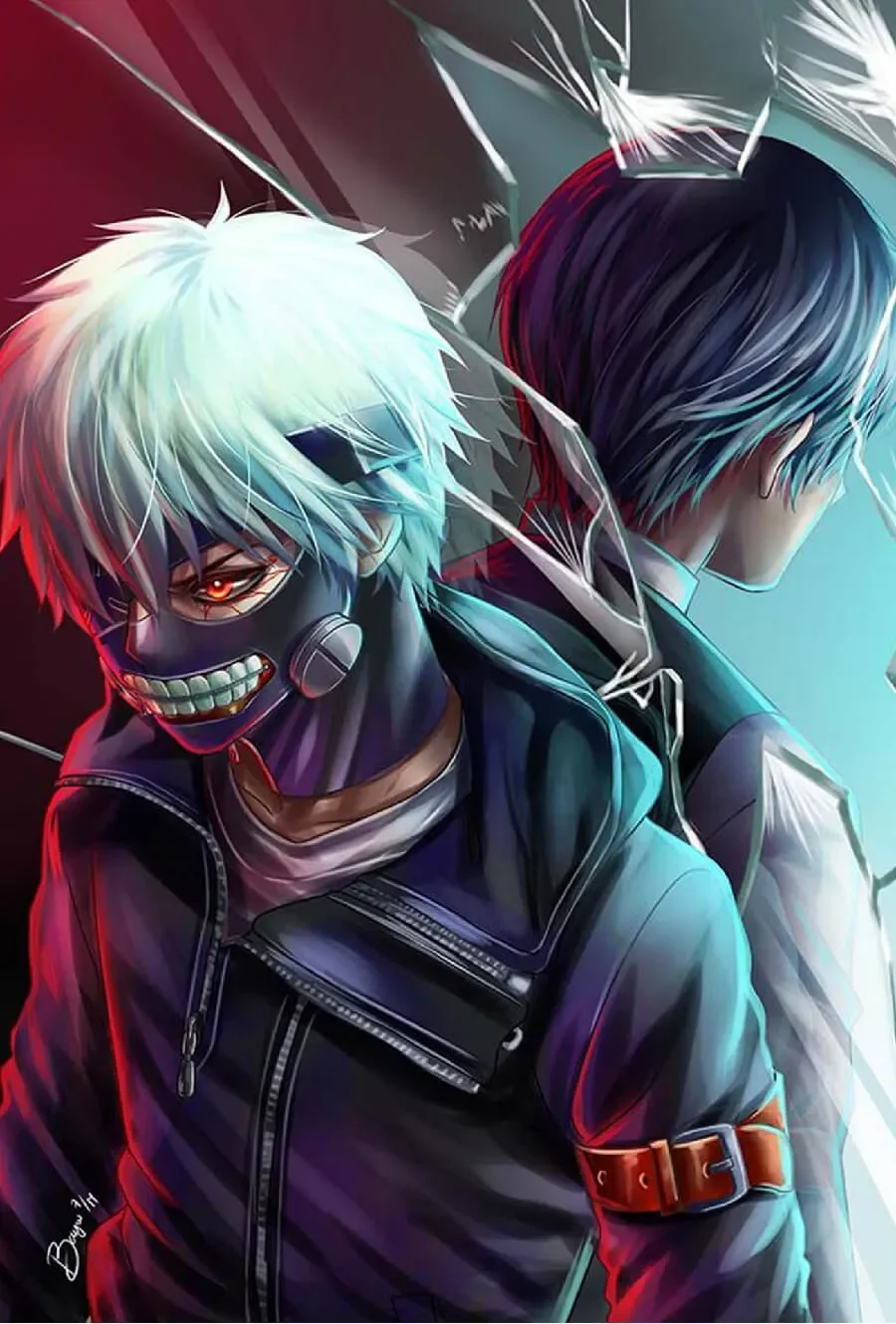 Ảnh anime ngầu: chàng trai tóc trắng mắt đỏ đeo mặt nạ