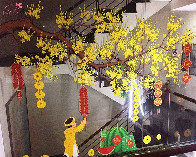 Vẽ tranh Tết lên cửa kính