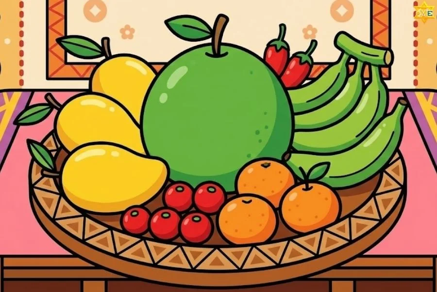 Hình vẽ mâm ngũ quả trang trí ngày Tết.