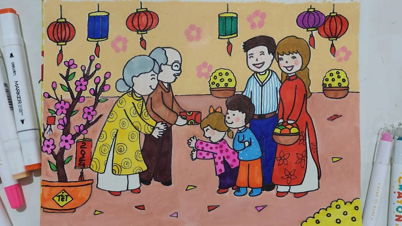 Ngày tết trong gia đình | Vẽ tranh chúc tết ông bà | Vẽ lễ hội xuân ngày tết #tet