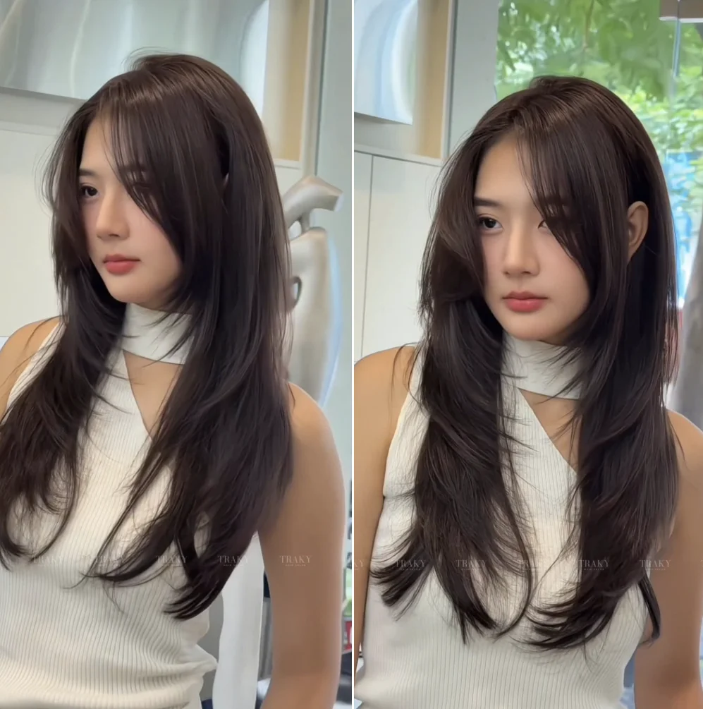 Hai người phụ nữ tóc đen dài óng mềm, kiểu tóc cho mặt to