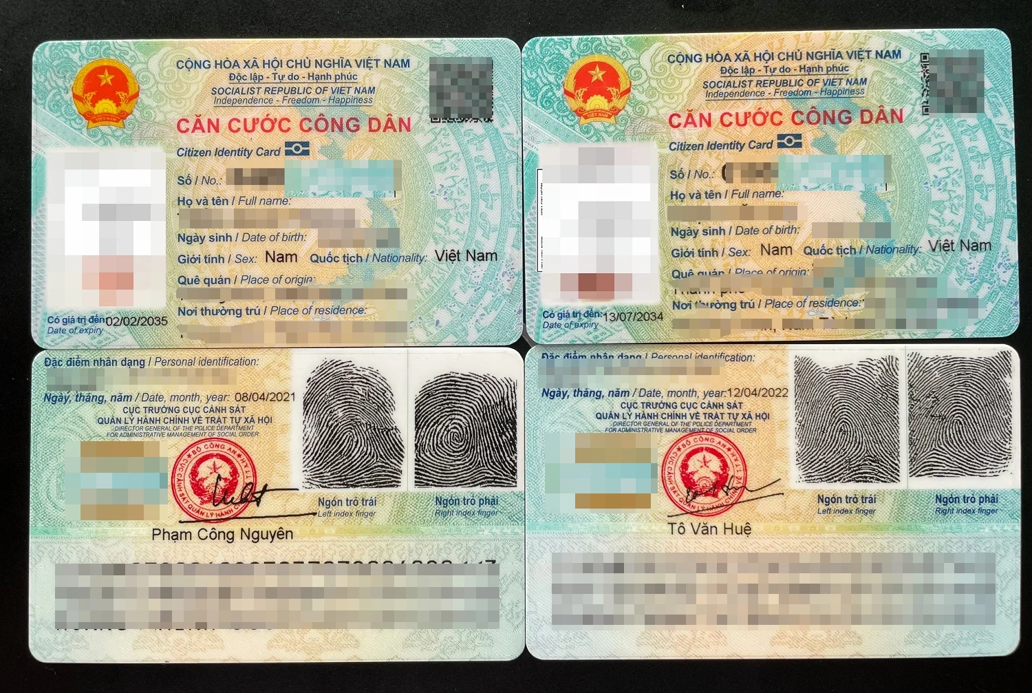 Hai mặt của thẻ Căn cước công dân (CCCD) thật, bao gồm thông tin cá nhân và dấu vân tay.