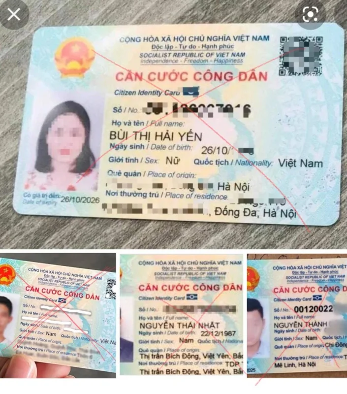 Ảnh CCCD giả, giấy tờ tùy thân giả, căn cước công dân Việt Nam bị làm mờ.