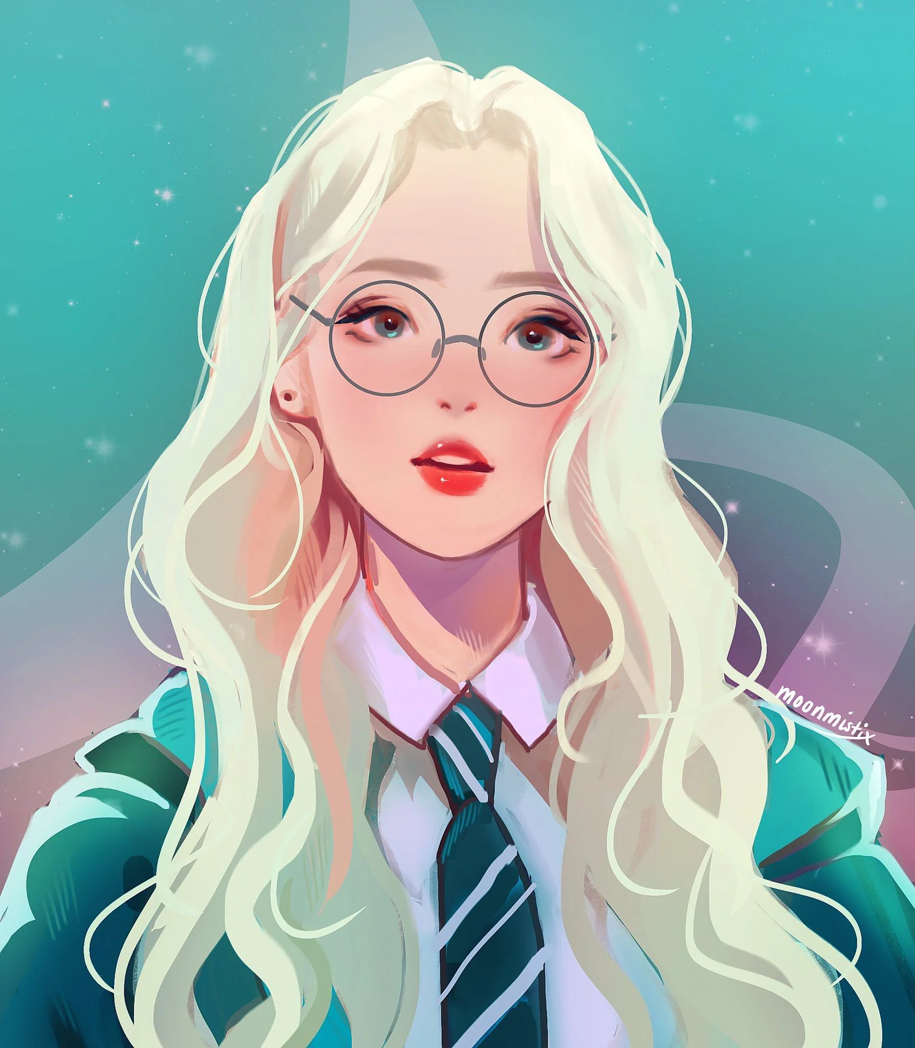 Avt anime nữ tóc vàng gợn sóng đeo kính mặc áo xanh