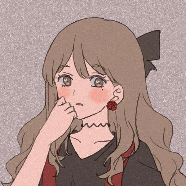 Ảnh đại diện anime nữ tóc nâu đeo nơ đen và hoa tai đỏ, tạo dáng đáng yêu