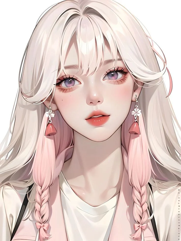 Avt anime nữ tóc trắng tết bím với hoa tai hồng