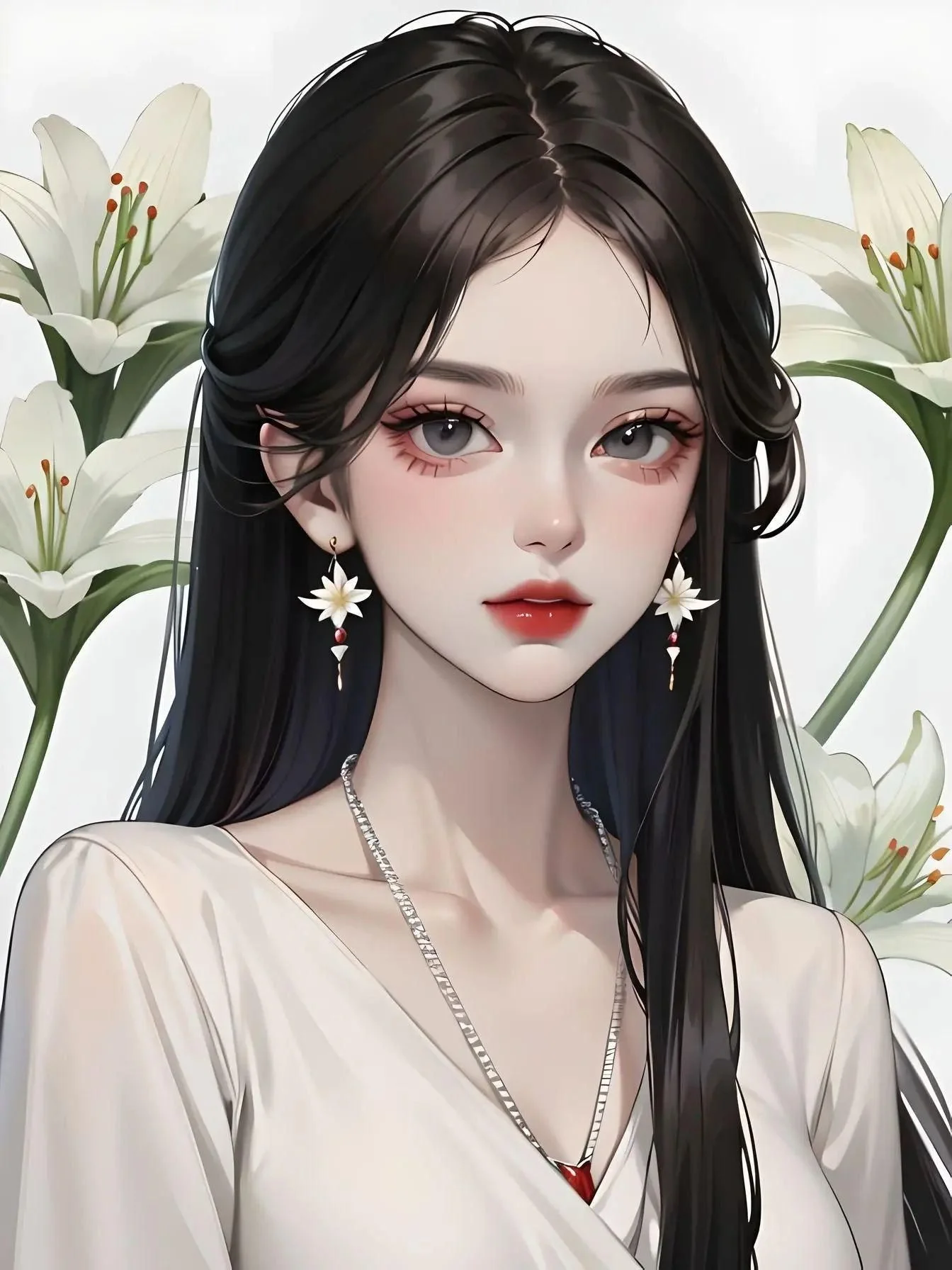 Ảnh avt anime nữ xinh đẹp tóc đen dài, đeo hoa tai trắng và đứng giữa những bông hoa loa kèn