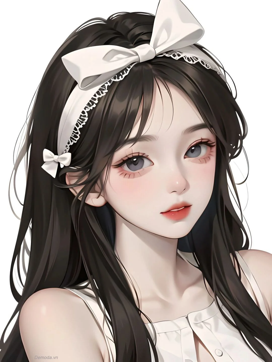 Avt anime nữ tóc đen dài đeo nơ trắng