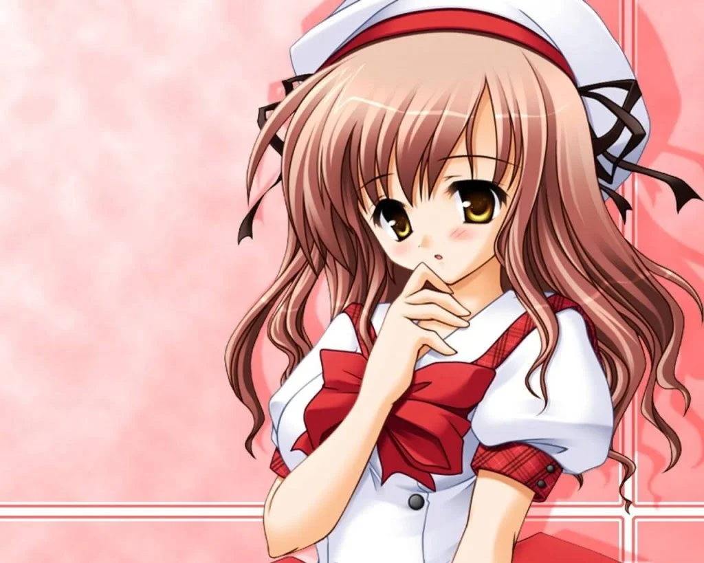 Cô gái anime tóc nâu mặc đồng phục thủy thủ với nơ đỏ