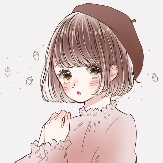 Avt anime nữ tóc nâu ngắn đội mũ nâu mặc áo len hồng