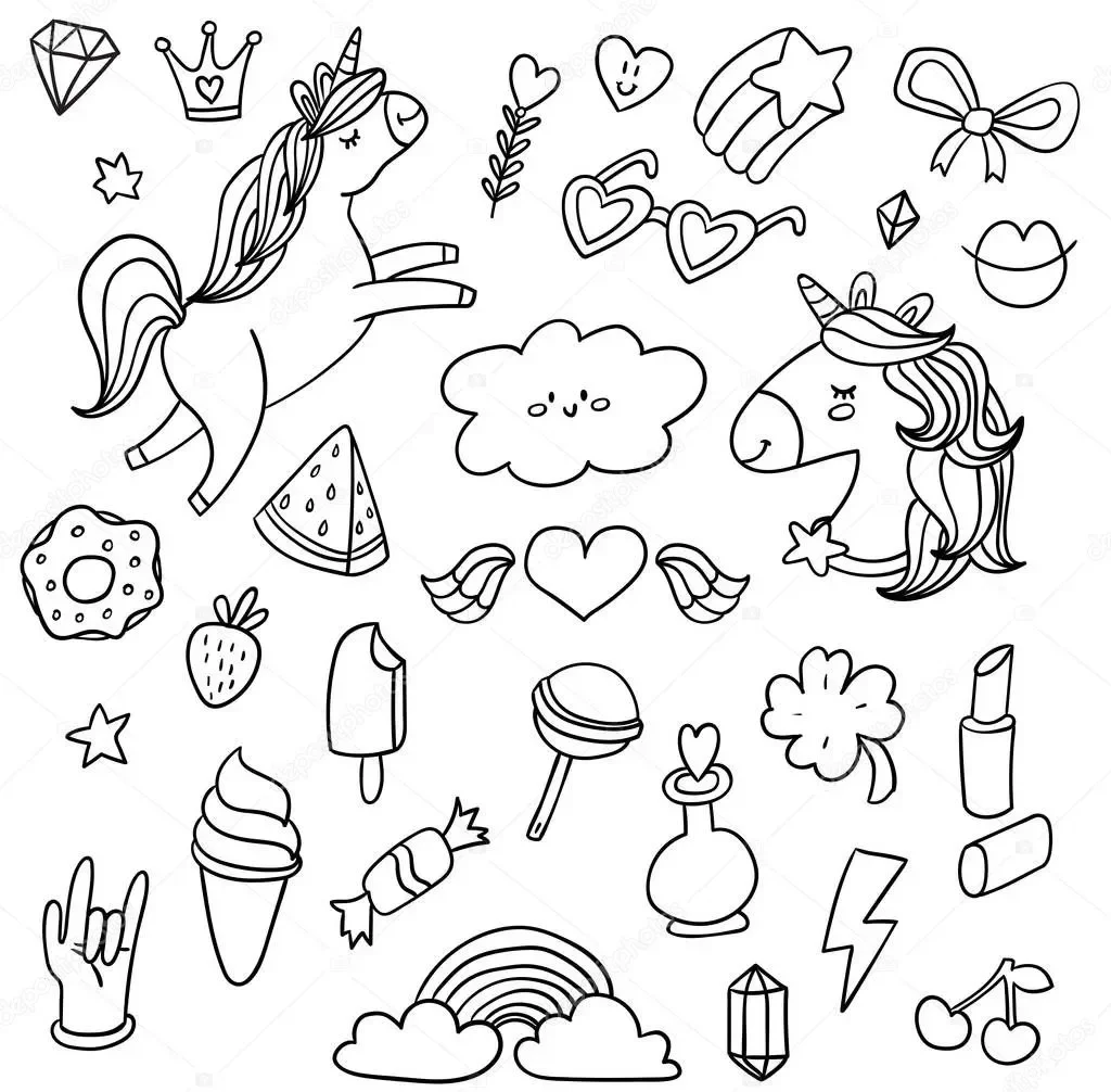 hình vẽ sticker cute mini kỳ lân và phụ kiện