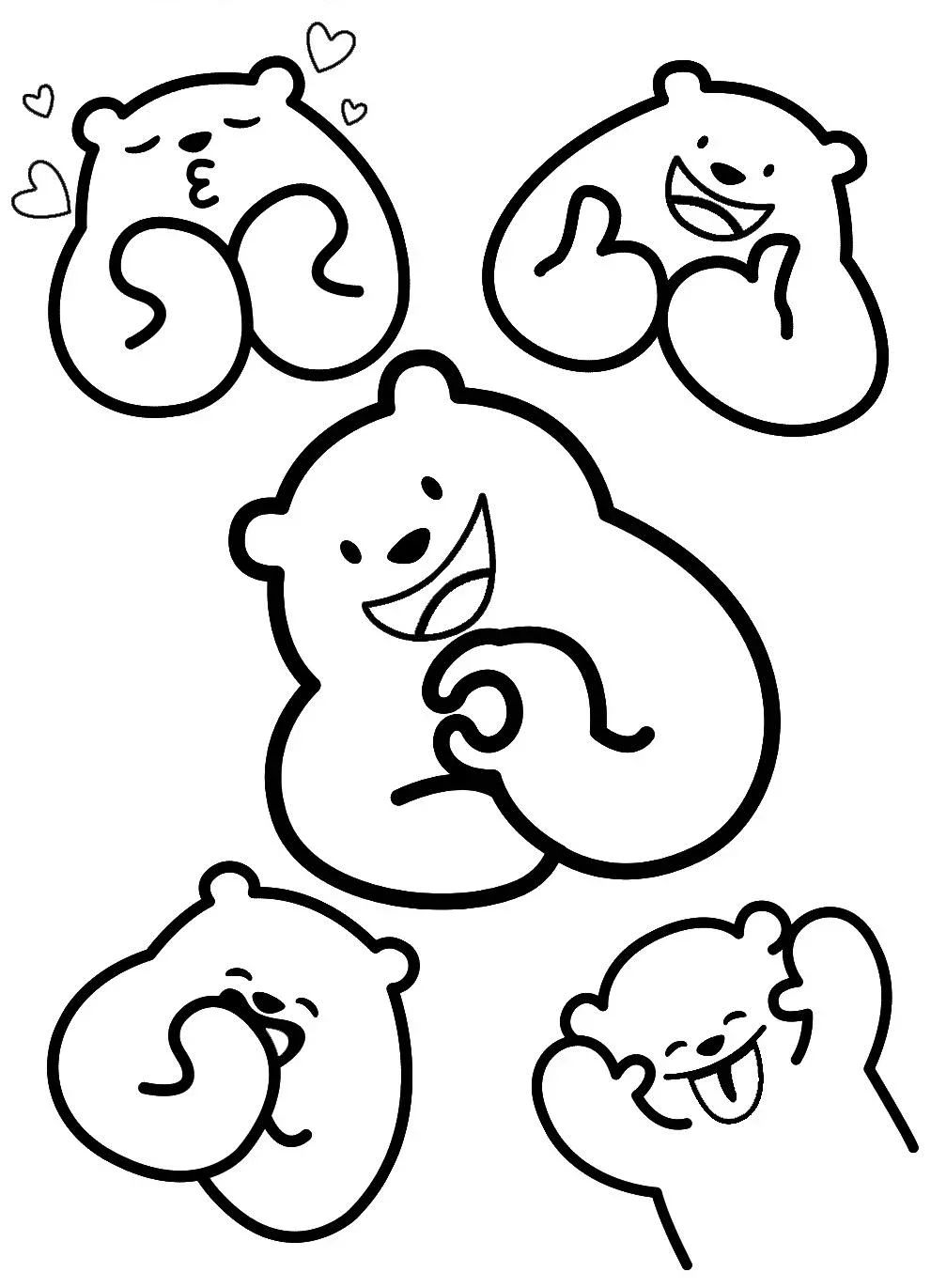 hình vẽ sticker cute mini 5 chú gấu chibi trắng nét vẽ đen đơn giản với biểu cảm đáng yêu trên nền trắng