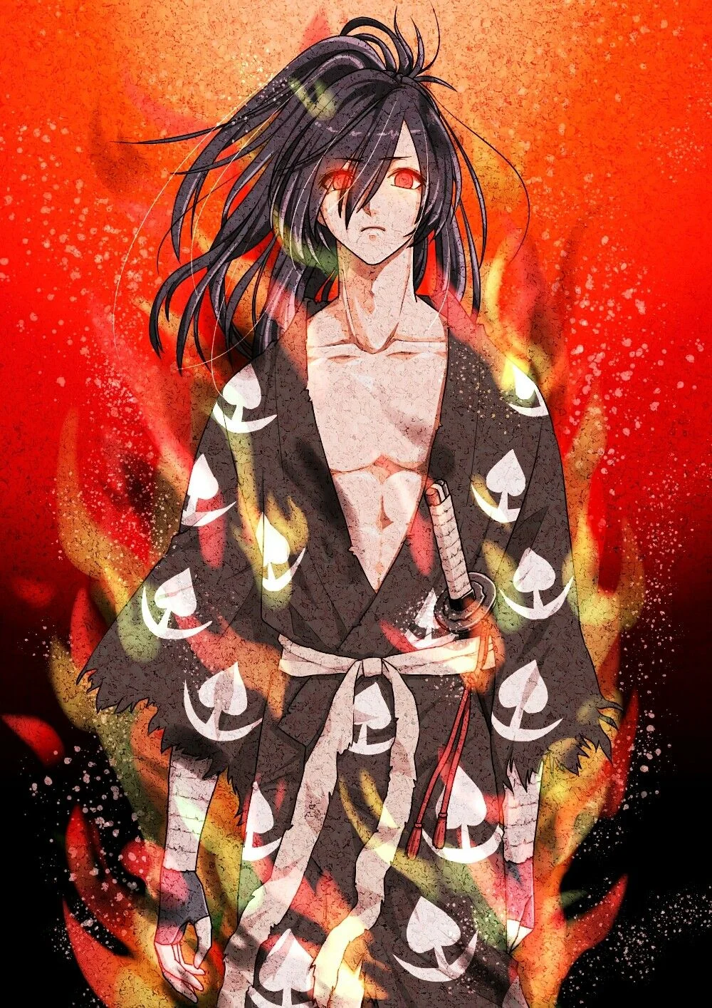 Nhân vật anime tóc đen tạo dáng mạnh mẽ trên nền lửa đỏ rực