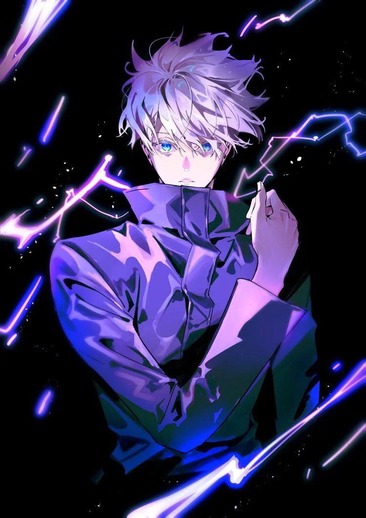 Nhân vật anime tóc tím phát sáng giữa những tia năng lượng màu xanh tím
