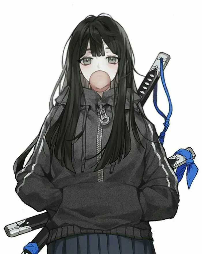 Nhân vật anime tóc đen cầm kiếm với phong cách u tối, lạnh lùng