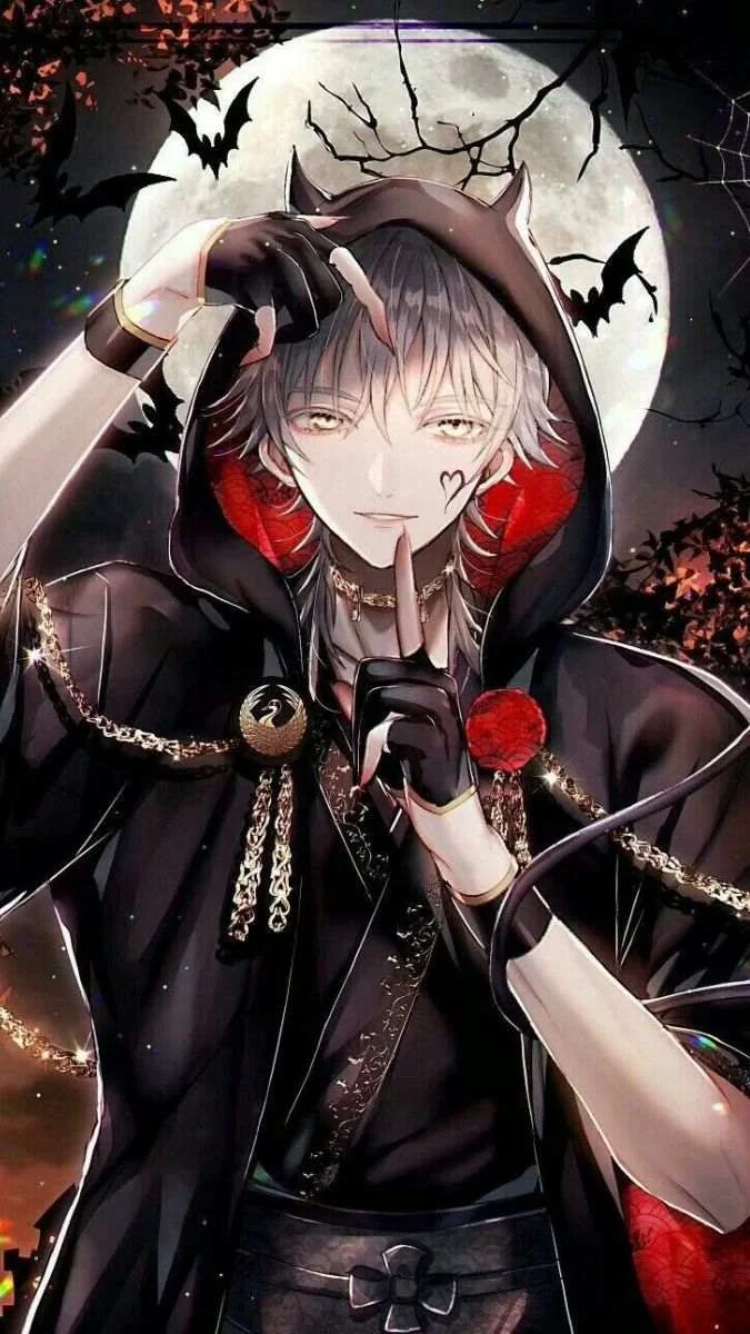 Nhân vật anime tóc bạc đội mũ trùm tạo dáng giữa hoa hồng và bóng dơi