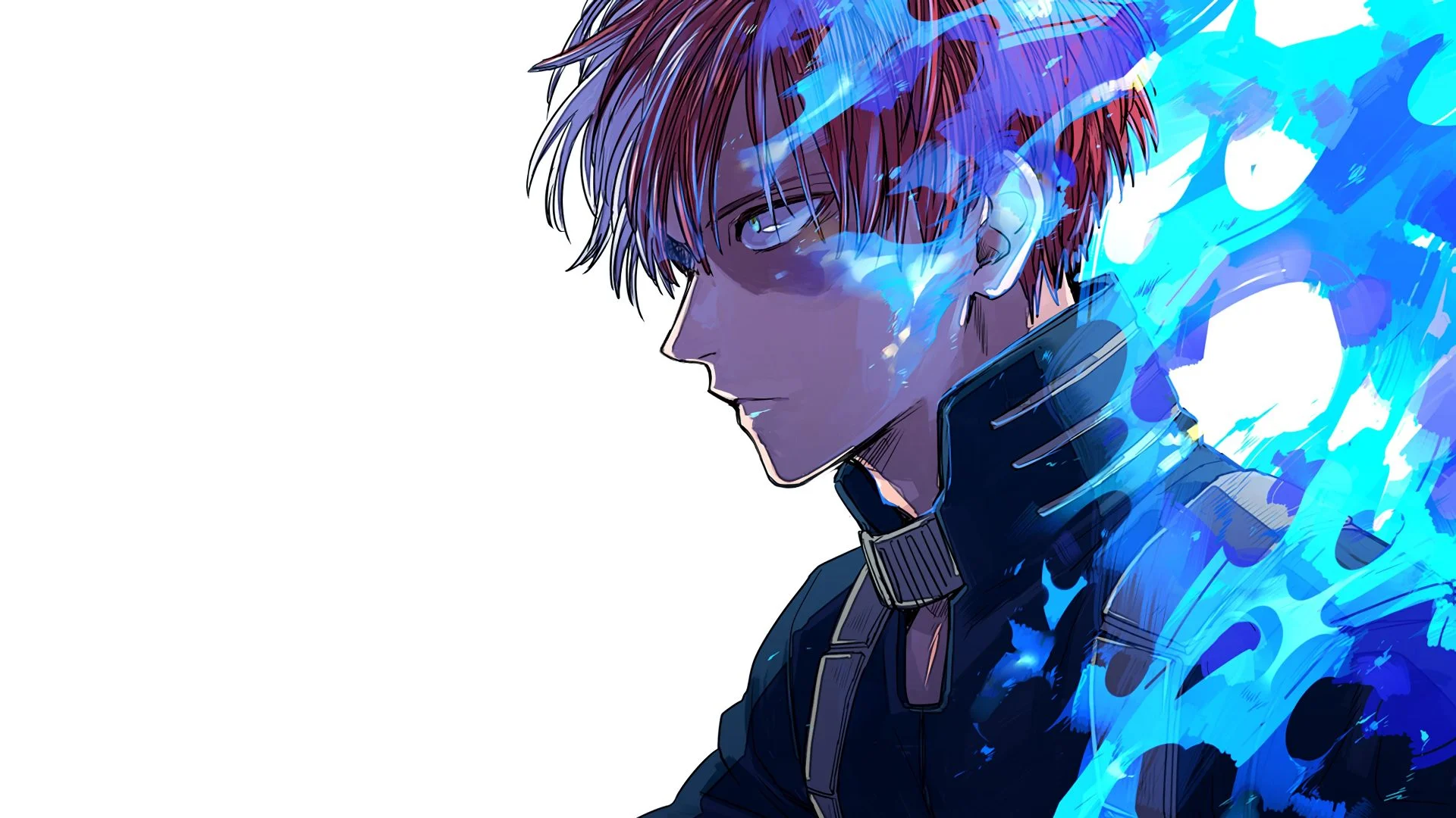 Cận cảnh nhân vật anime tóc xanh với ngọn lửa xanh bao quanh