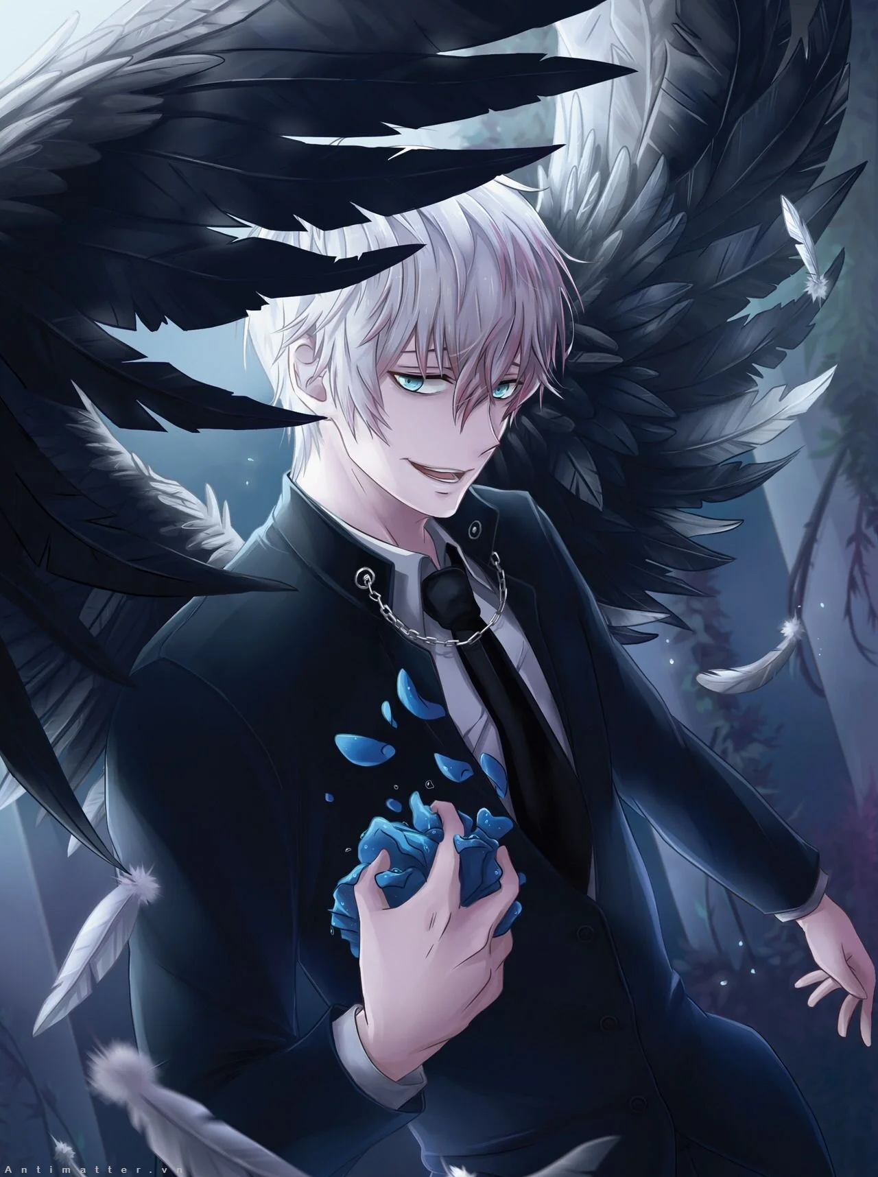 Nhân vật anime tóc trắng mặc áo choàng đen giữa những cánh chim