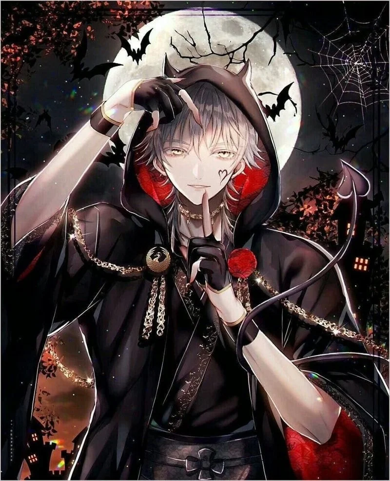 Nhân vật anime tóc bạc đội mũ trùm giữa hoa hồng và hiệu ứng đỏ đen