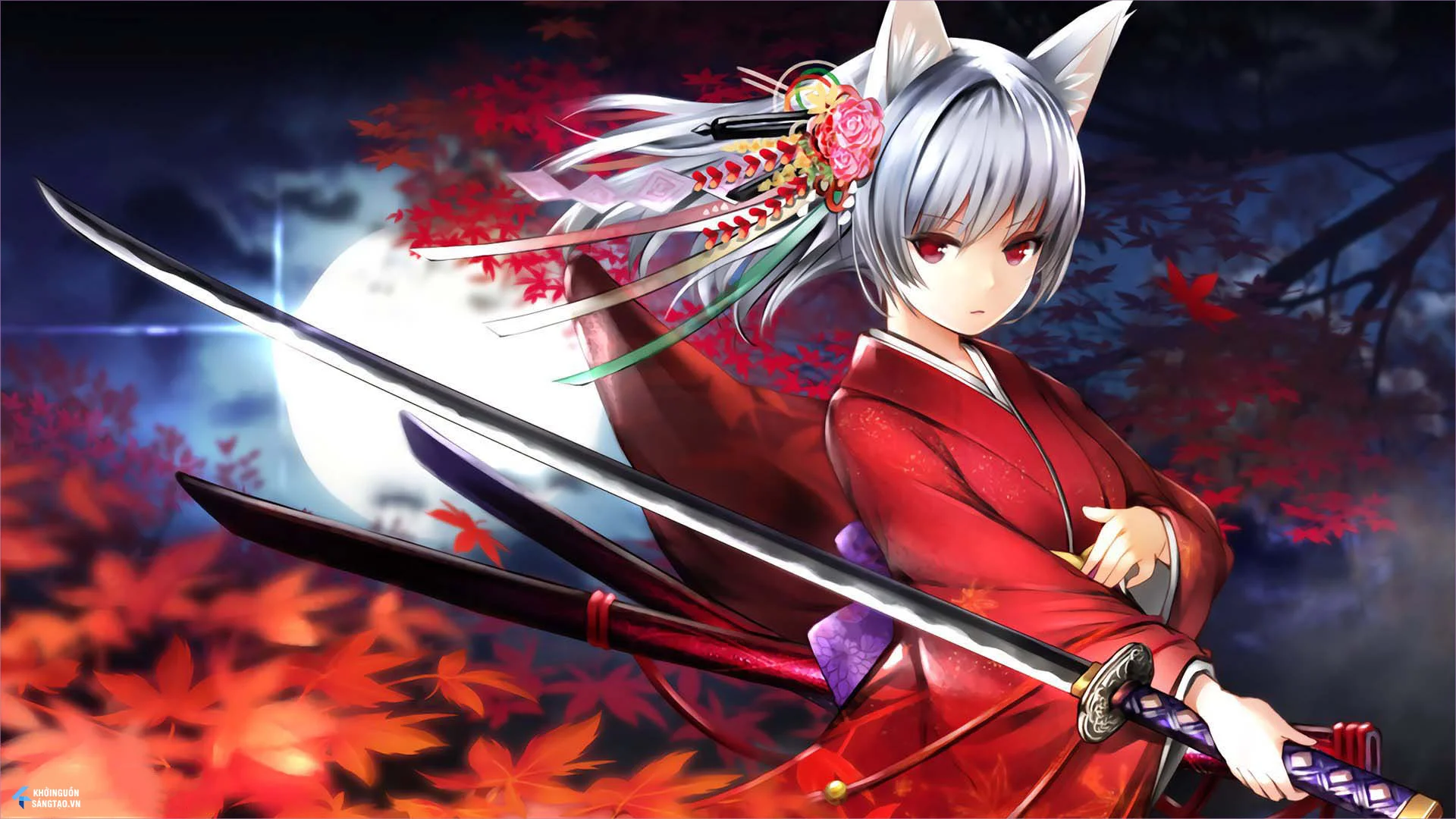 Nữ chiến binh anime tóc bạc mặc đồ đỏ vung kiếm giữa lá phong