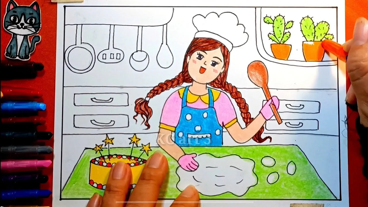 Bé vẽ tranh nghề nghiệp tương lai với hình ảnh đầu bếp làm bánh