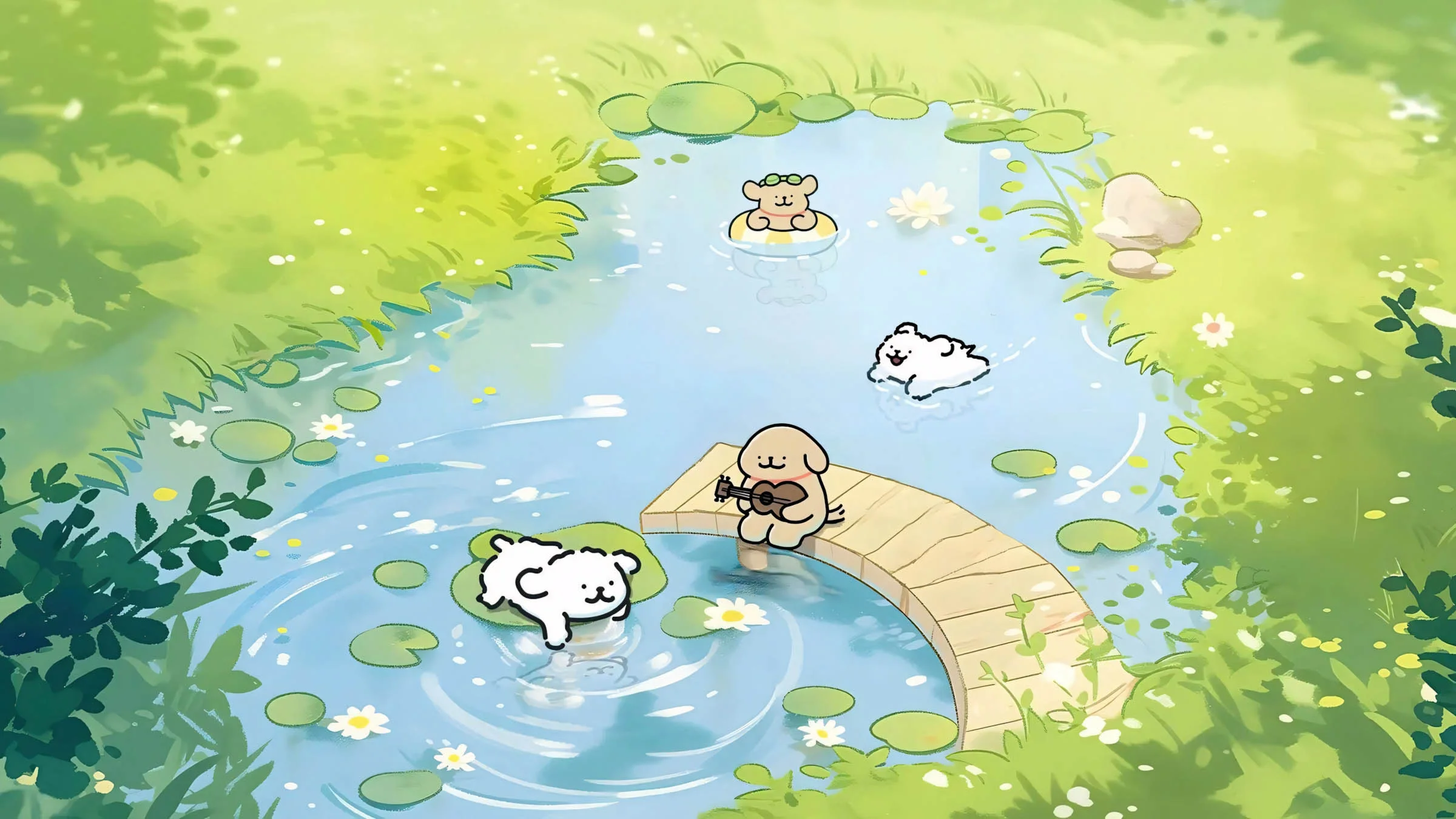 hình nền máy tính cute các chú thú nhỏ bên ao sen