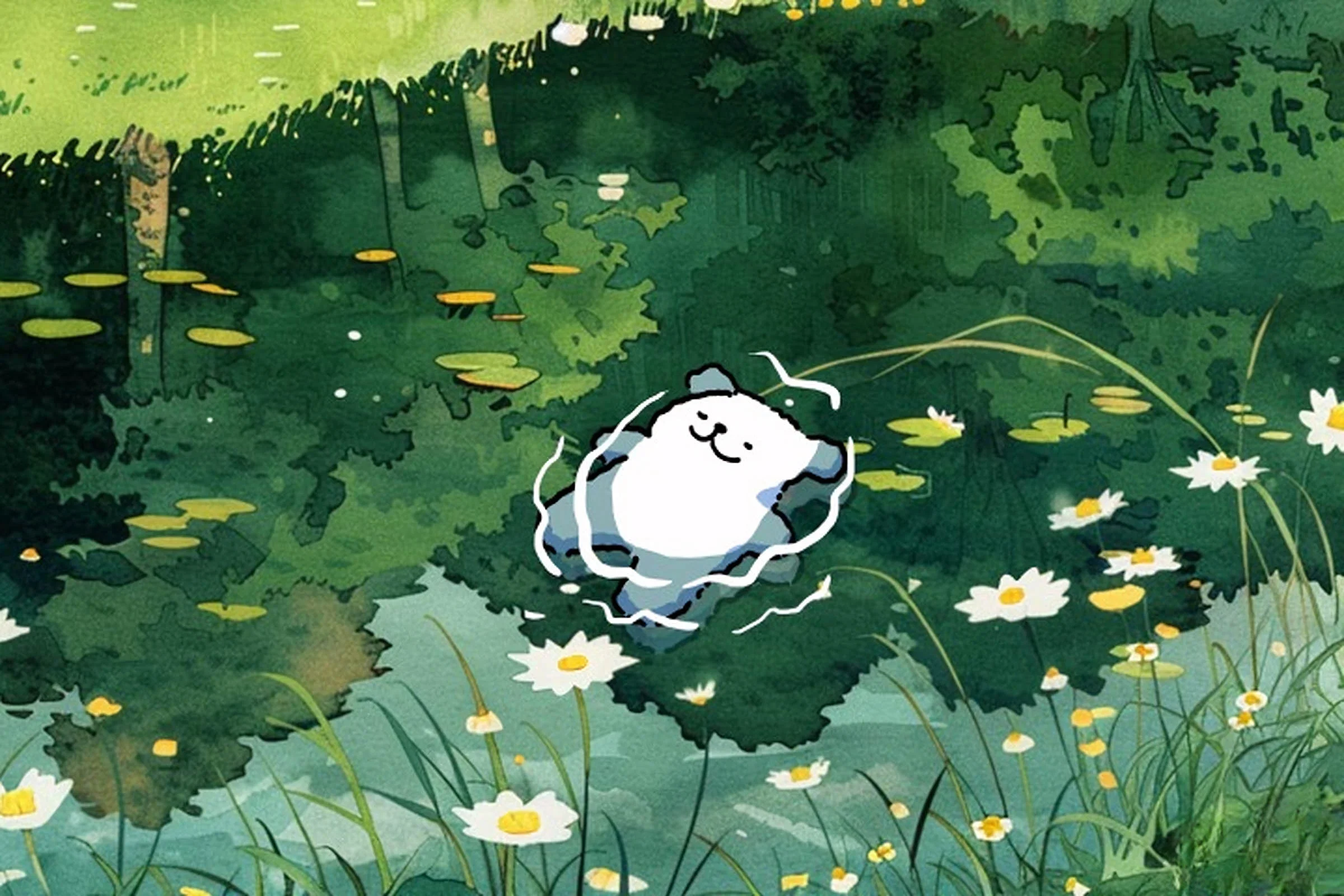 hình nền máy tính cute chú gấu nhỏ bơi trong hồ