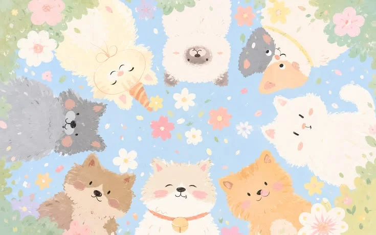 hình nền máy tính cute với các chú mèo và chó con hoạt hình dễ thương