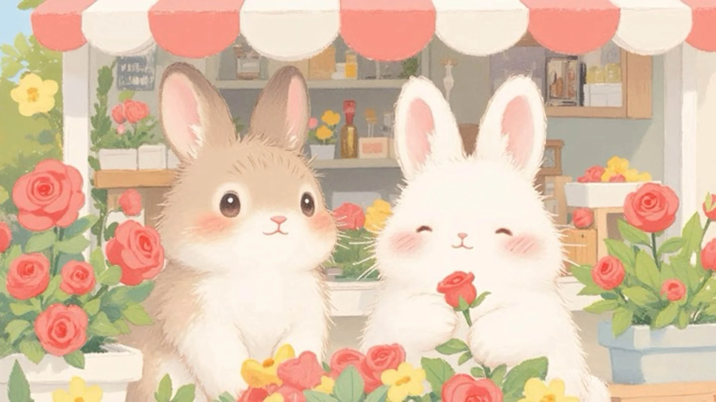 hình nền máy tính cute hai chú thỏ giữa vườn hoa