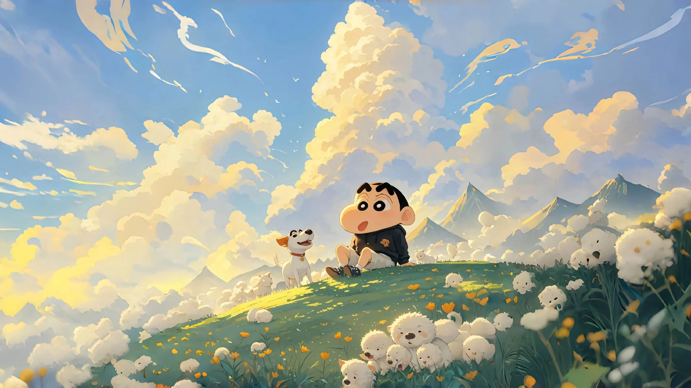 hình nền máy tính cute Shin cậu bé bút chì trên đồi