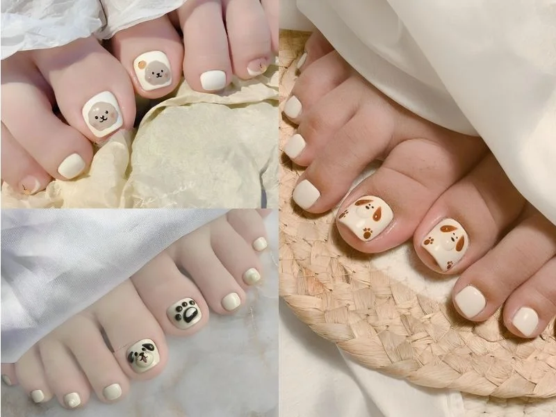 Mẫu móng chân màu trắng hoạ tiết gấu và chó